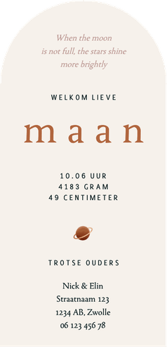 Geboortekaartje landschap maan en planeetjes boog vorm Achterkant