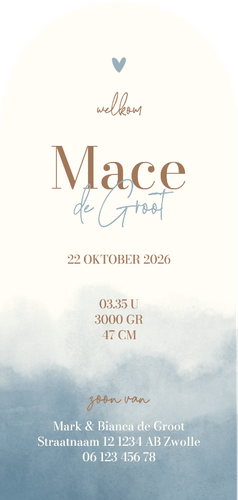 Geboortekaartje teddybeer boog met ballon blauwe waterverf Achterkant