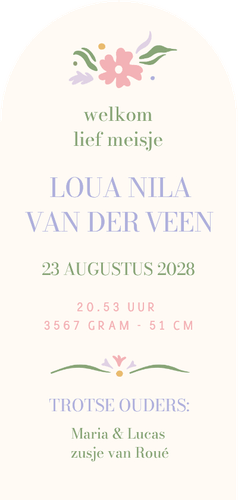 Hip pastel geboortekaartje bloemen langwerpig met boog Achterkant