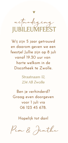 Jubileum uitnodiging 5 jaar in bloemen beige hoge boog Achterkant