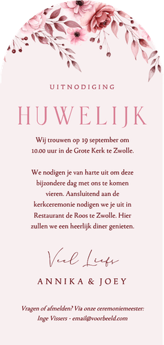 Klassieke trouwkaart boogvorm in roze met aquarel rozen Achterkant