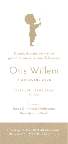 Langwerpig kraft geboortekaartje jongen boog paardenbloem  Achterkant
