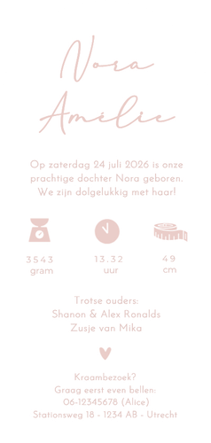 Langwerpig ooievaar geboortekaartje met boog - meisje  Achterkant