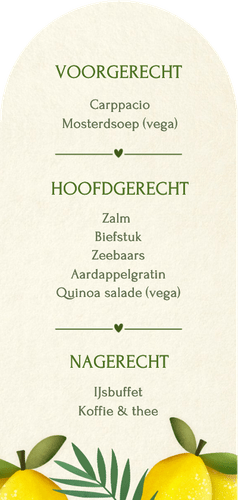 Langwerpig staande menukaart in boogvorm met citroenen  Achterkant