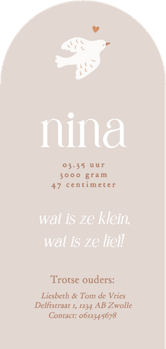 Lieve beige geboortekaartjes in boogvorm met witte duifjes Achterkant