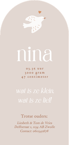 Lieve beige geboortekaartjes in boogvorm met witte duifjes  Achterkant