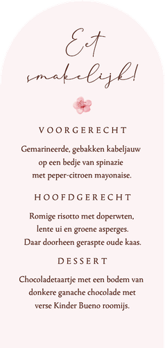 Menukaart boogkaart bruiloft bloesem lente romantisch roze Achterkant