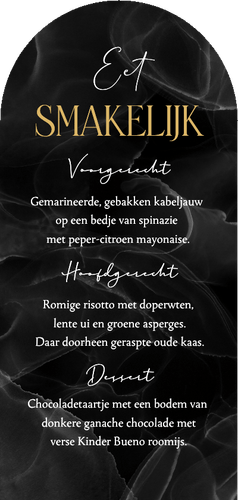 Menukaart hoge boogkaart trouwen stijlvol marmer zwart boog Achterkant