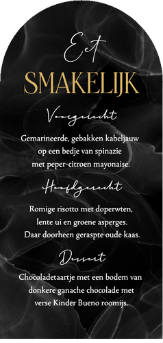 Menukaart hoge boogkaart trouwen stijlvol marmer zwart boog Achterkant