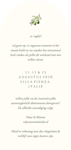 Minimalistische save the date boogvorm groen met olijftakje Achterkant