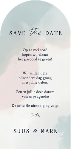 Minimalistische save the date waterverf blauw roze wit boog Achterkant