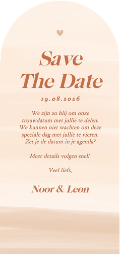 Save the date kaart met beige waterverf in boog vorm Achterkant