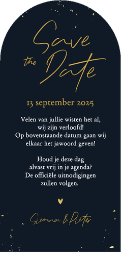 Save the date trouwkaart hoge boogkaart foto spetters goud Achterkant