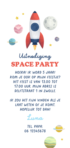 Stoer kinderfeestje uitnodiging space party foto raket maan Achterkant