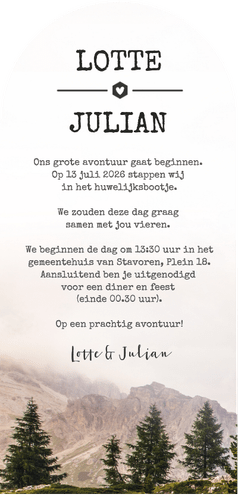 Stoere trouwkaart met natuur foto bergen en namen Achterkant