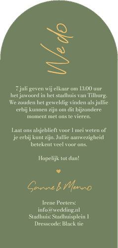 Trouwkaart met boog groen minimalistisch goud hartjes Achterkant