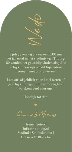 Trouwkaart met boog groen minimalistisch goud hartjes Achterkant