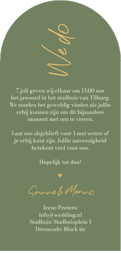Trouwkaart met boog groen minimalistisch goud hartjes Achterkant