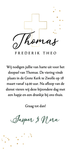 Uitnodiging doopsel spetters goudlook foto Achterkant