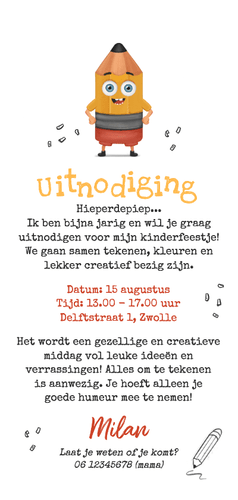 Uitnodiging kinderfeestje creatief potlood tekenen knutselen Achterkant