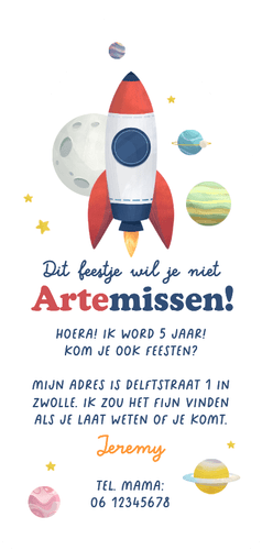Uitnodiging kinderfeestje space raket ruimte foto Achterkant