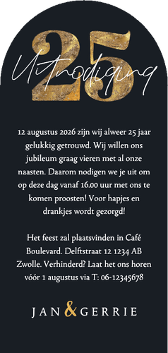 Uitnodigingskaart boog 25 jaar getrouwd goud hartjes foto Achterkant