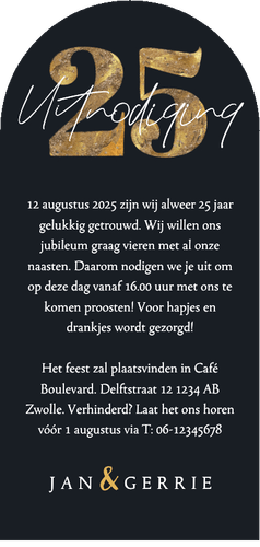 Uitnodigingskaart boog 25 jaar getrouwd goud hartjes foto Achterkant