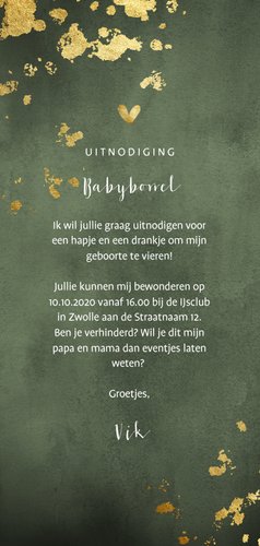 Babyborrel groene waterverf gouden spetters Achterkant