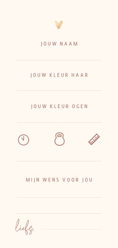 Babyshower invulkaartje oudroze waterverf met goud Achterkant
