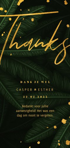 Bedankkaart jungle bladeren met gouden 'thanks' Achterkant