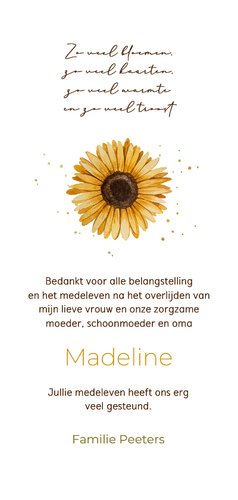 Bedankkaart overlijden zonnebloemen bedankt steun Achterkant