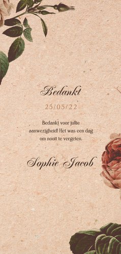 Bedankkaart vintage met foto en bloemen Achterkant