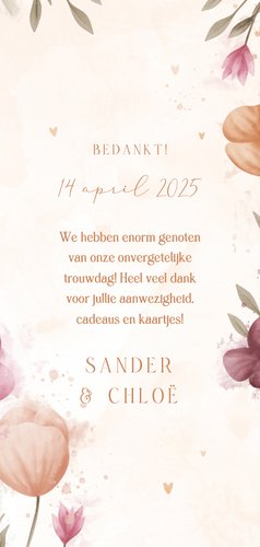 Bedankkaart waterverf bloemen met koperen hartjes Achterkant