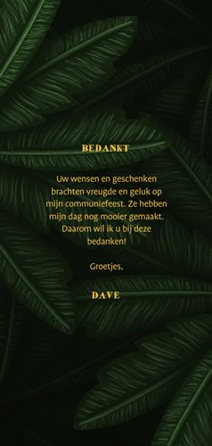 Bedankkaartje communie jungle bladeren met foto's Achterkant