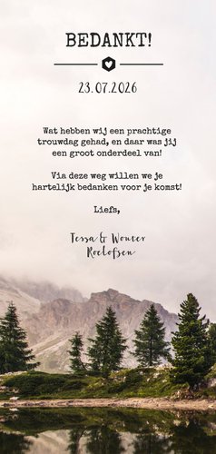Bedankkaartje trouwen stoer met berglandschap en foto Achterkant