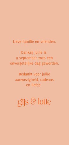 Bedankkaartje trouwerij colorblocking oranje met foto Achterkant