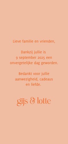 Bedankkaartje trouwerij colorblocking oranje met foto Achterkant