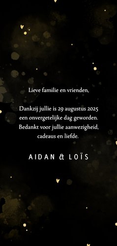 Bedankkaartje zwart met goud hartjes en waterverf Achterkant