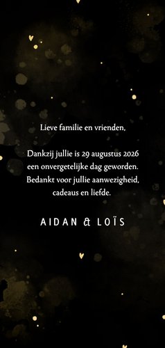 Bedankkaartje zwart met goud hartjes en waterverf Achterkant