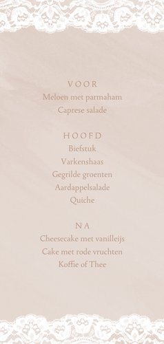 Beige waterverf menukaart met kant en witte typografie Achterkant
