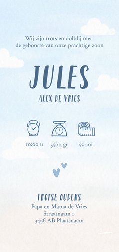 Blauw geboortekaartje met luchtballon en hartjes Achterkant