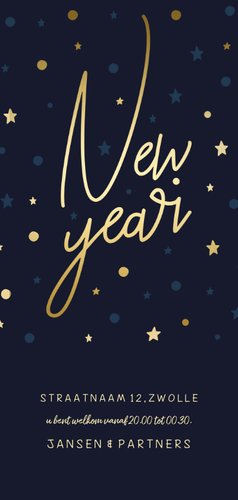 Borrel uitnodiging 'New Year' gouden sterren en confetti Achterkant