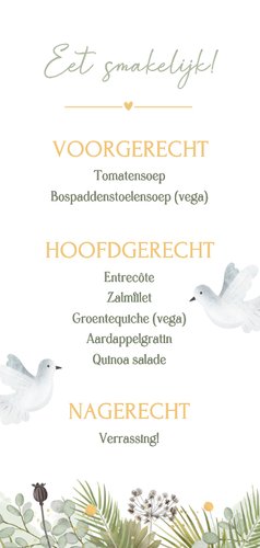 Botanische menukaart trouwen met planten en duifjes Achterkant