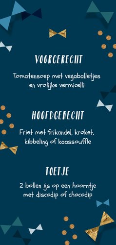 Communie menukaart jongen confetti strikjes goud Achterkant