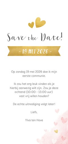 Communie Save the Date kaart met gouden en roze hartjes  3