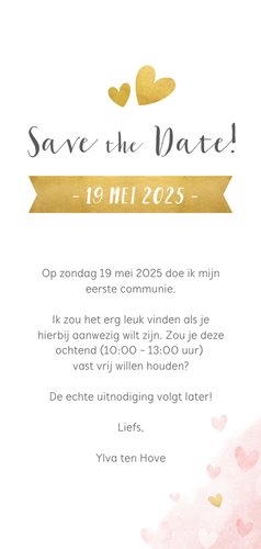 Communie Save the Date kaart met gouden en roze hartjes 3