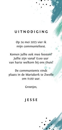 Communie uitnodiging jongen verf spetters foto mint 3