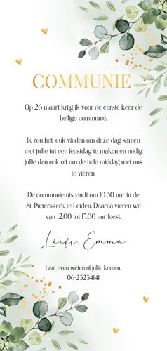 Communie uitnodiging meisje met foto groen blaadjes goudlook Achterkant