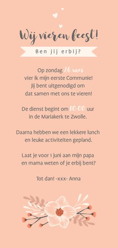 Communie uitnodiging met stijlvolle bloemen en silhouet Achterkant