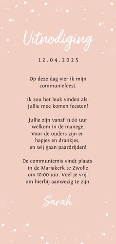 Communie uitnodiging thema paard roze Achterkant